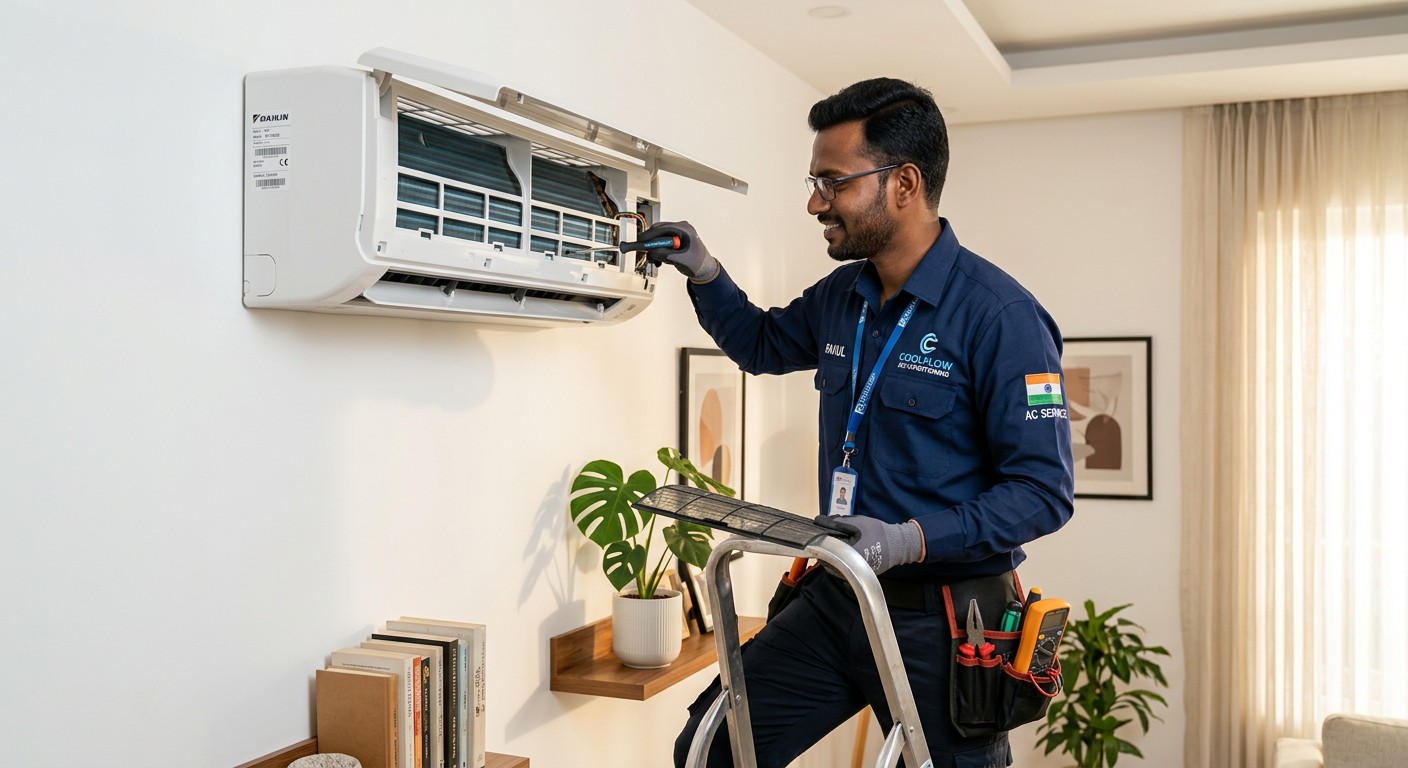 Technician servicing a split AC unit
