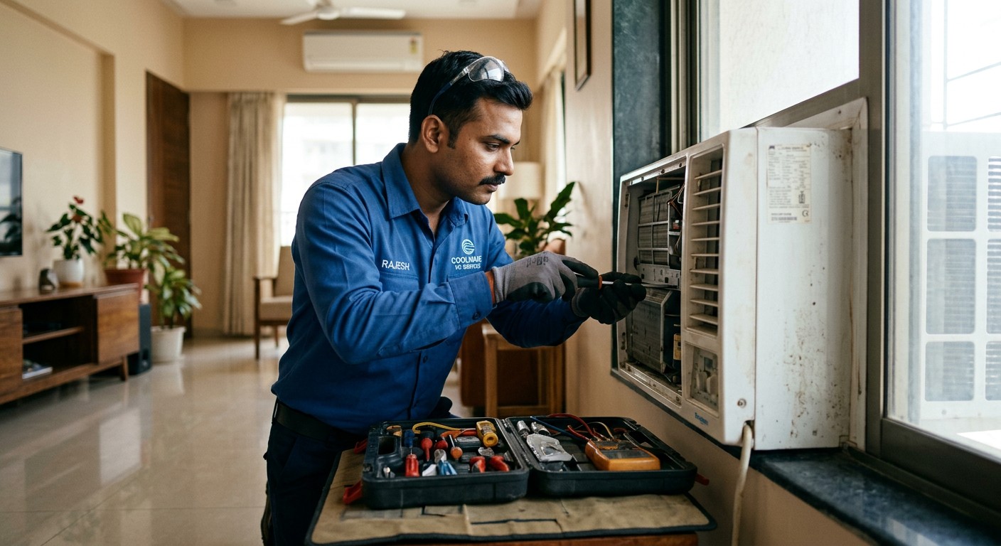 Technician servicing a window AC unit